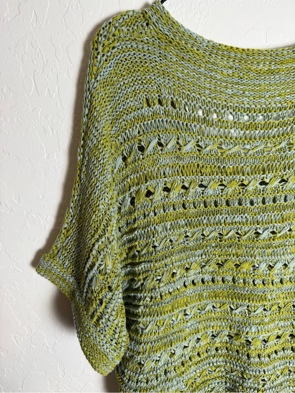 Vertigo Paris Open Knit V-Neck Sweater Lime Green Space Dye Crochet Short Sleeve
